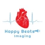 Logo of Happy Beats Imaging shows a red anatomical heart with a blue heartbeat line and an ultrasound probe icon.