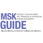 Text image with the words "MSK GUIDE" and an explanation of "MSK" as an acronym for "Musculoskeletal," relating to muscles and skeleton. Mentions guided ultrasound injection and diagnostic experts.